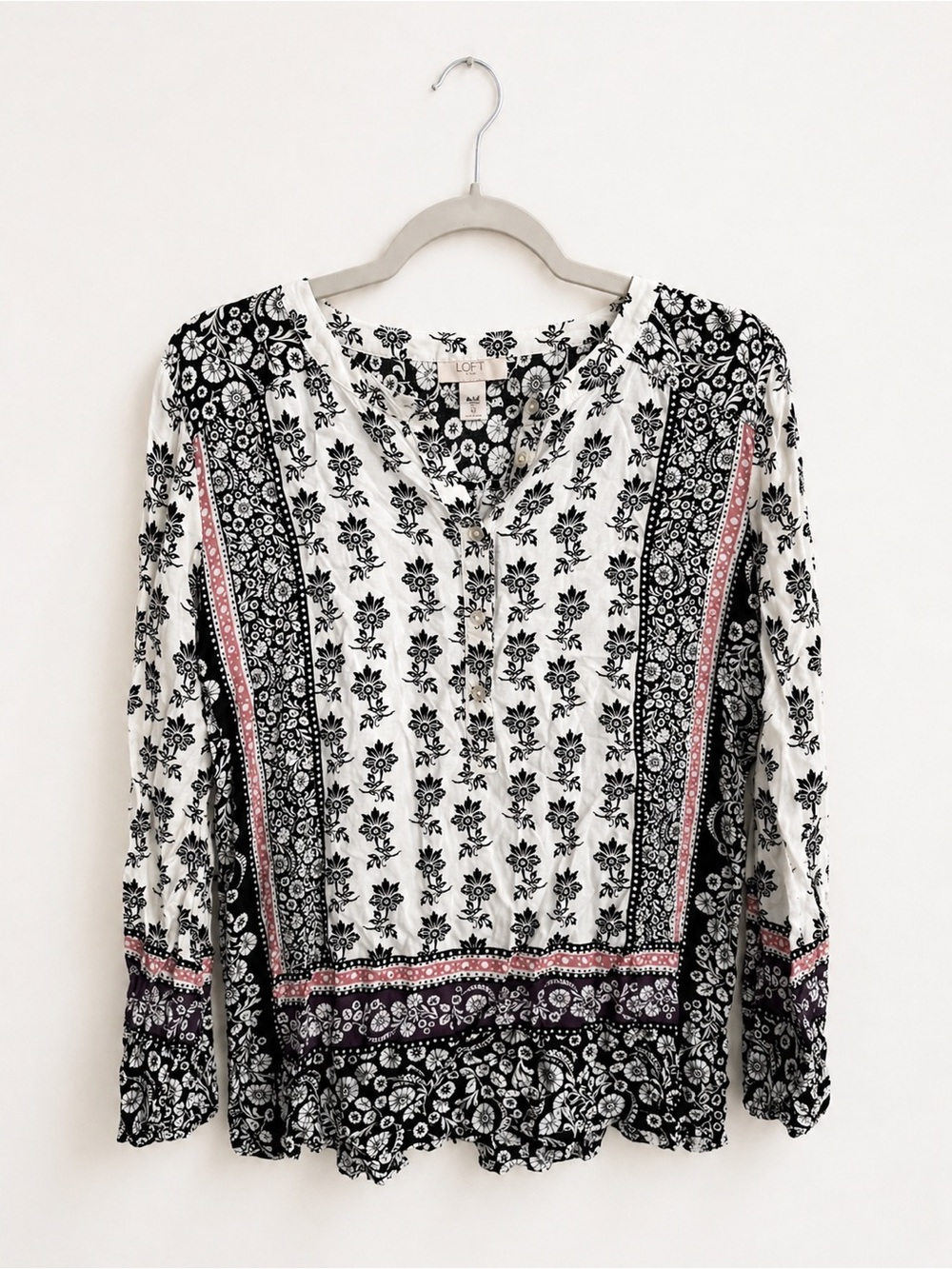LOFT Floral Boho Blouse Size Small Black White Peplum Flowy Top